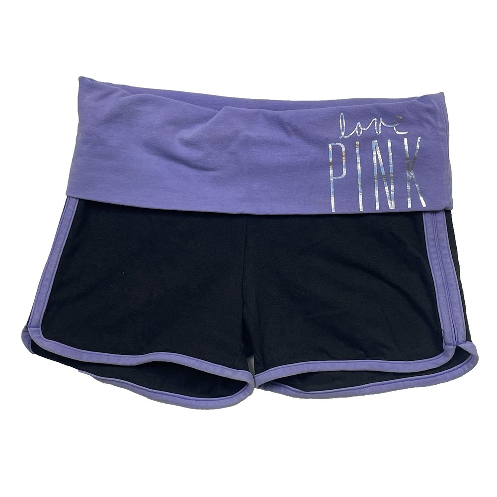 Y2K Victoria's Secret LOVE PINK Foldover Yoga Shorts Black Purple Sz XS Vtg 2013